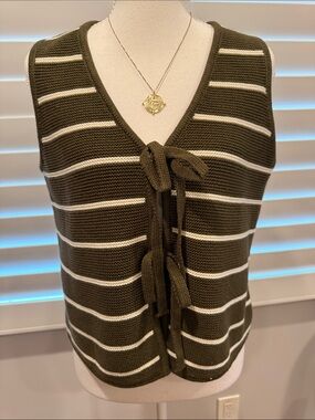 Striped Olive Green Tie-Front Knit Tank Top
